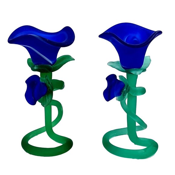 MURANO Cobalt Blue Rose Flower Tulip Art Glass Candle Candlestick Holder Vintage - Picture 4 of 11